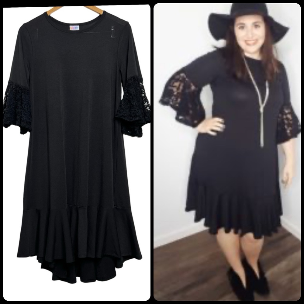 LulaRoe Black Maurine Dress Lace Bell Sleeves Size Medium Ruffle Hem Witch Goth
